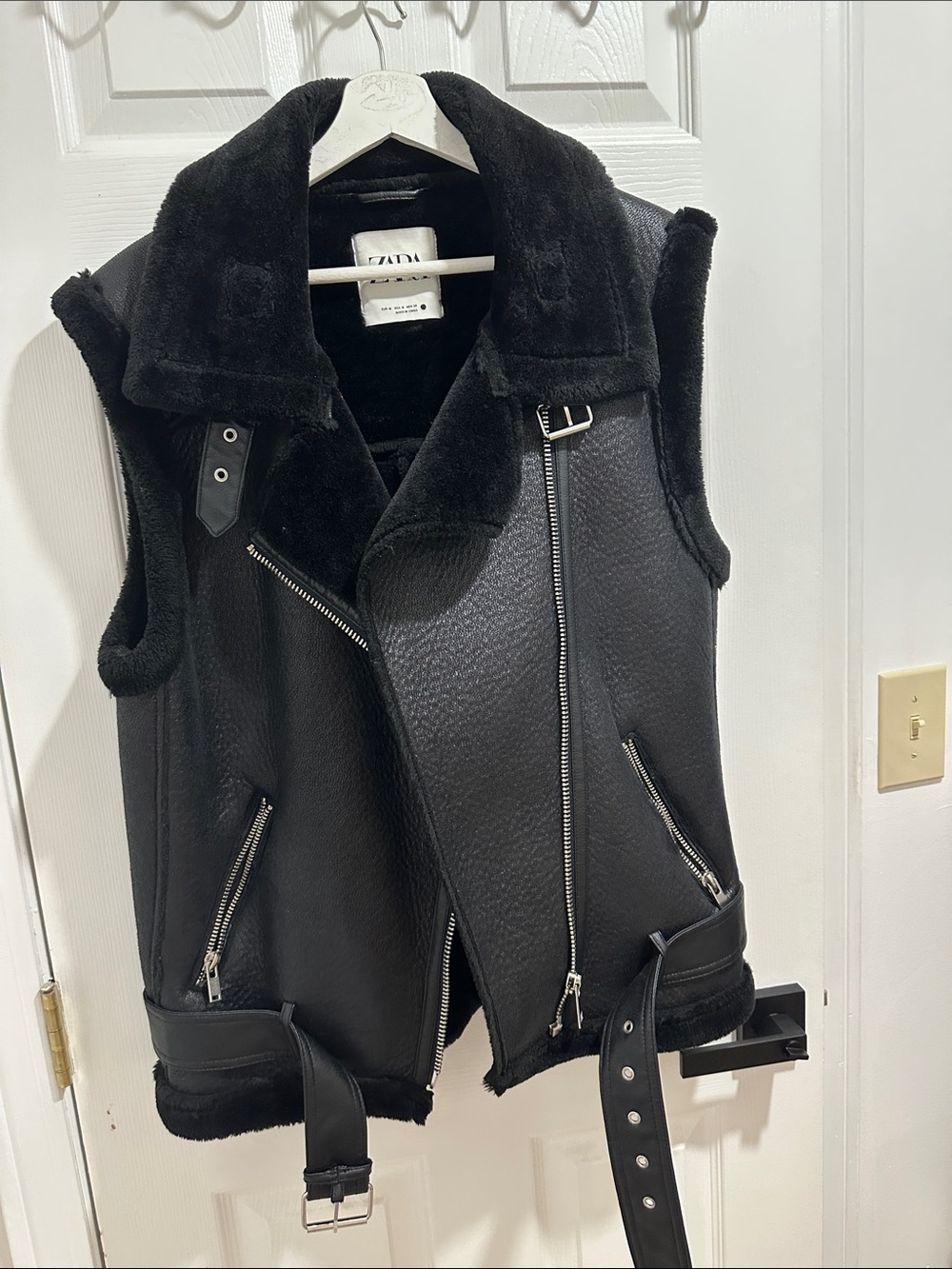 Zara Black Faux Shearling Moto Vest with Belted Hem